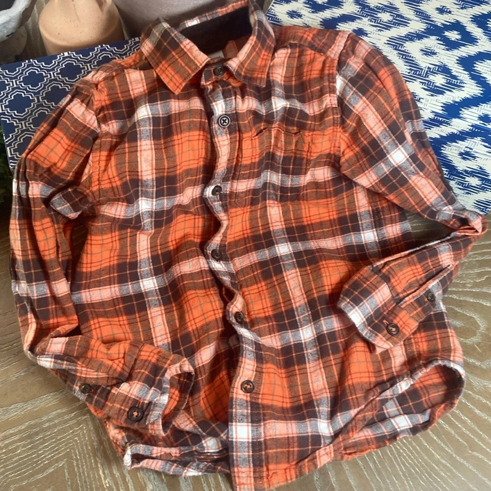 Boys Gymboree Orange Creamy White & Chocolate Brown Plaid Flannel Shirt